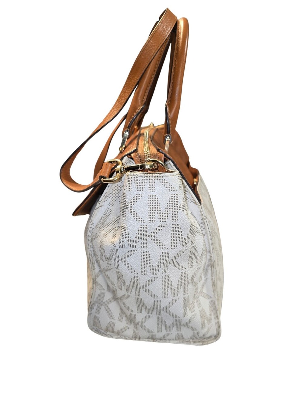 Michael Kors Tan Leather and Cream MK Logo Satchel with Gold Accents - Picture 3 of 10